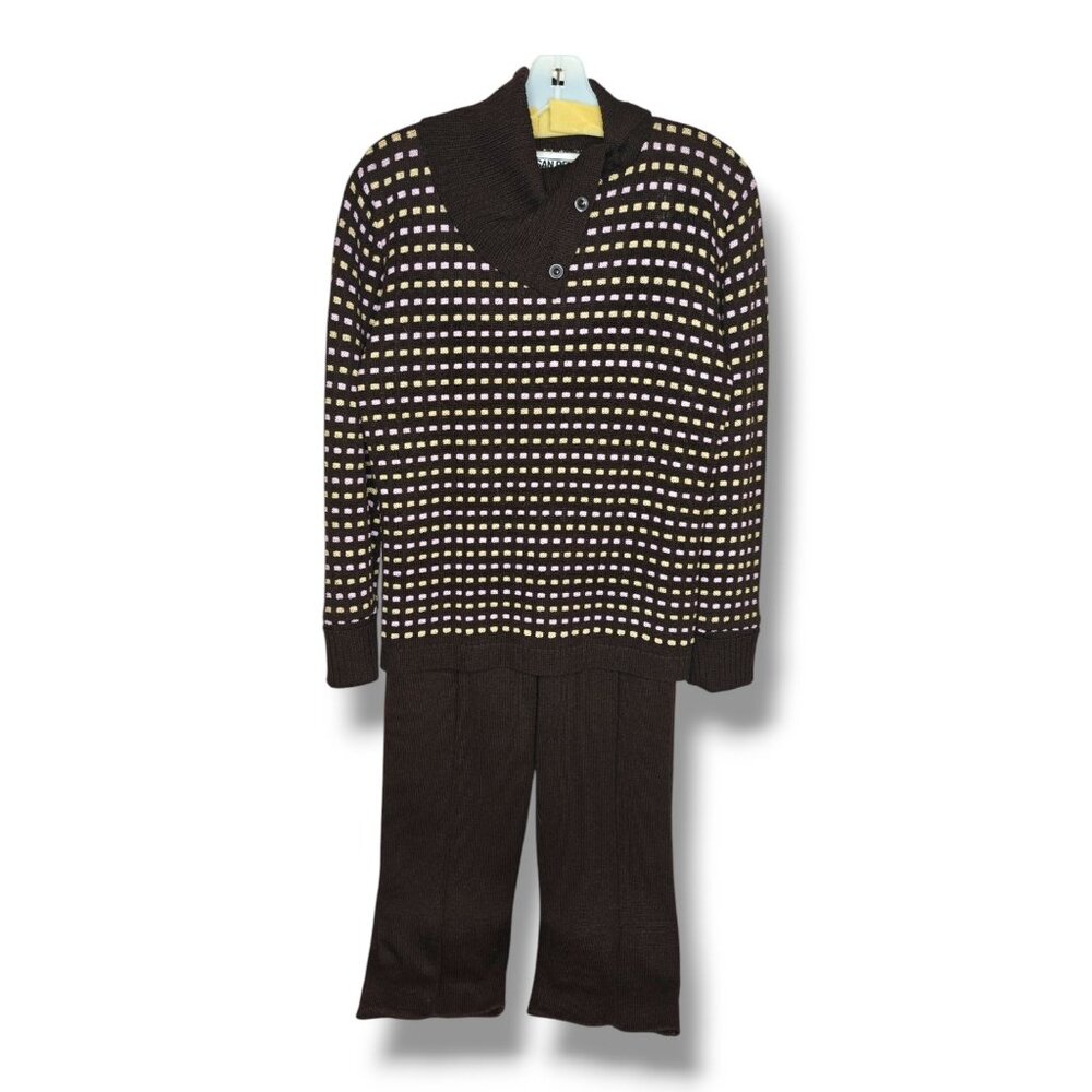 San Remo Laura Knits Women's Brown Checkered Sweater Pants Suit Set Sz Medium